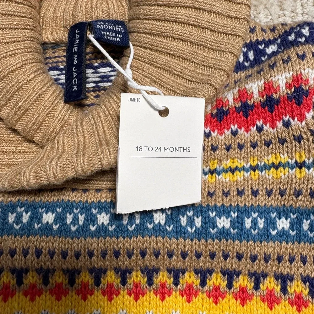 Janie and Jack Kids Fair Isle‎ Shawl Collar Sweater Tan Multi Color 18 24 Months